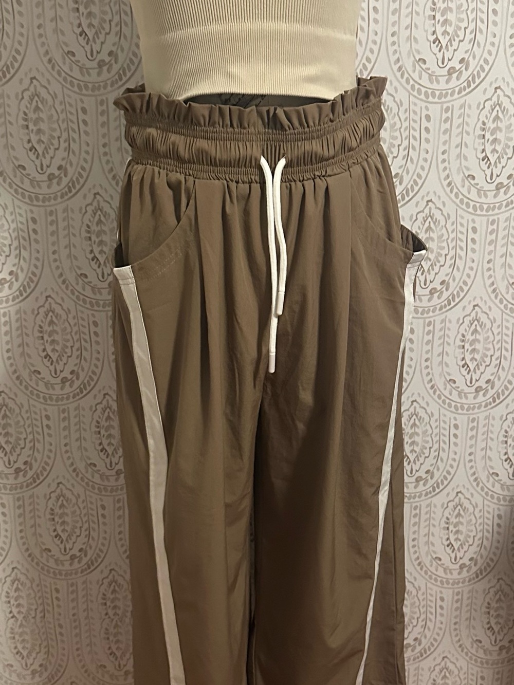 Amazon Women's Brown Track Pants with White Side Trim and Drawstring